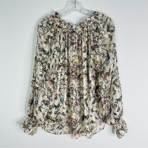 H&M cream green floral bird garden boho ruffle semi sheer top 8 - Picture 8 of 9